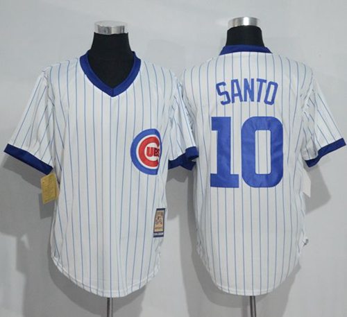 Cubs #10 Ron Santo White Strip Home Cooperstown Stitched MLB Jersey - Click Image to Close